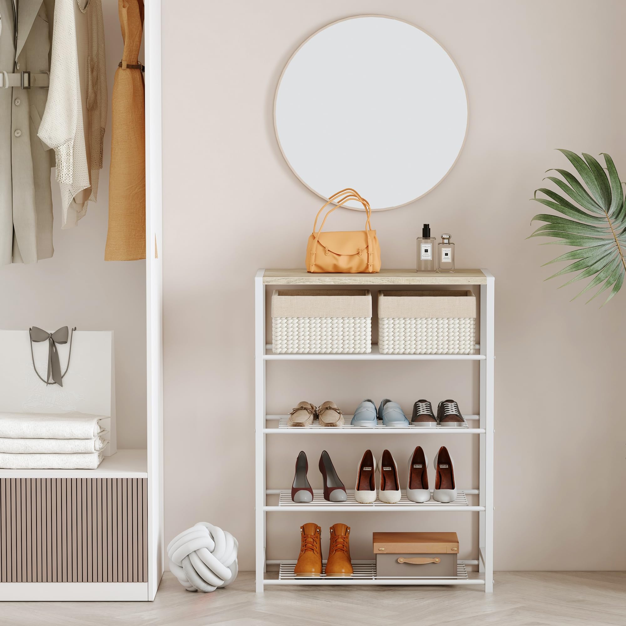 5-Tier Industrial Shoe Rack Organizer - Narrow Sturdy Metal Shoe Storage Shelf for Closet & Entryway - Space-Saving Shoe Display for Home & Office (White)