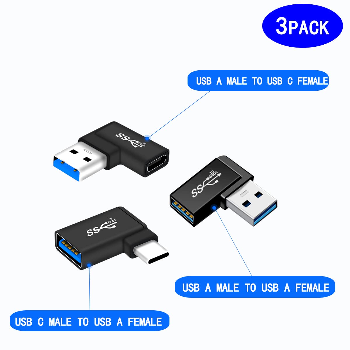 3-in-1 USB C to USB A Adapter - High-Speed Data Transfer & Charging - Compatible with MacBook, iPad Pro, Samsung Galaxy - 3 Pack Black - Perfect for Office, Travel & Home Use