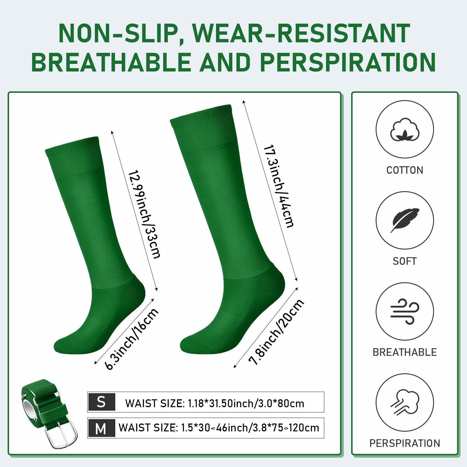 Zhanmai Adjustable Baseball Belt & Softball Socks Combo Set - Elastic Waistband for Youth Boys Girls & Adults - Perfect for Baseball Games, Practice & Team Uniforms