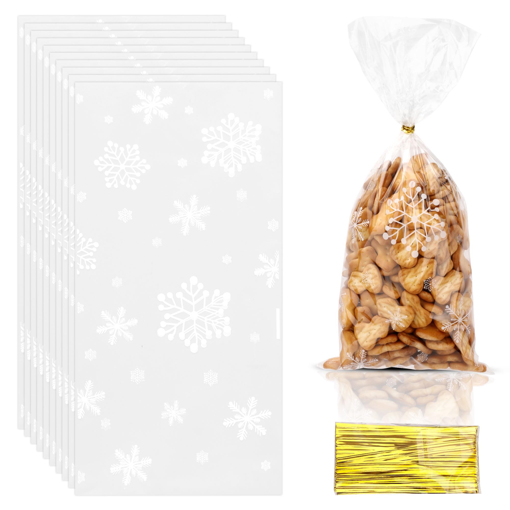 50 Pcs Christmas Clear Snowflake Cellophane Gift Bags with Twist Ties - Holiday Party Favor Treat Bags for Cookies, Candies & Goodies - Perfect for Xmas Gifts, Winter Celebrations & Cookie Exchanges