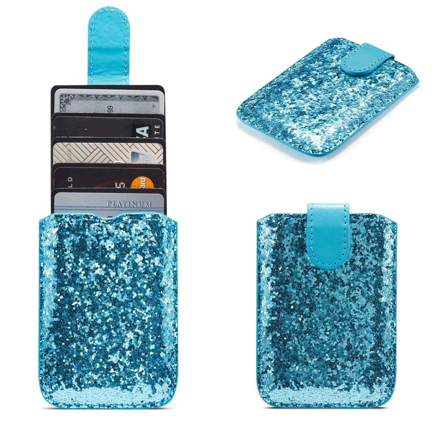 RFID Blocking Glitter Phone Card Holder - Stretchable Adhesive Wallet for iPhone 16/15, Samsung Galaxy S24 Ultra/Note 20/A55/A74 - Credit Card & ID Organizer (Blue) | Perfect for Hands-Free Shopping, Travel & Daily Commute