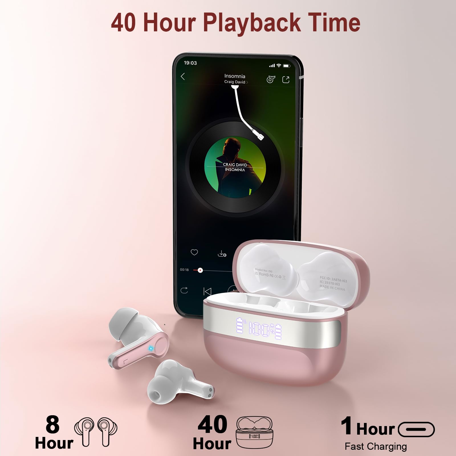 Wireless Earbuds Bluetooth 5.3 with HiFi Stereo Deep Bass, Noise Cancelling Headphones with 4 ENC Mic, 50H Playtime & Dual LED Display - Perfect for Gym, Running, Travel & Work (Rose Gold)