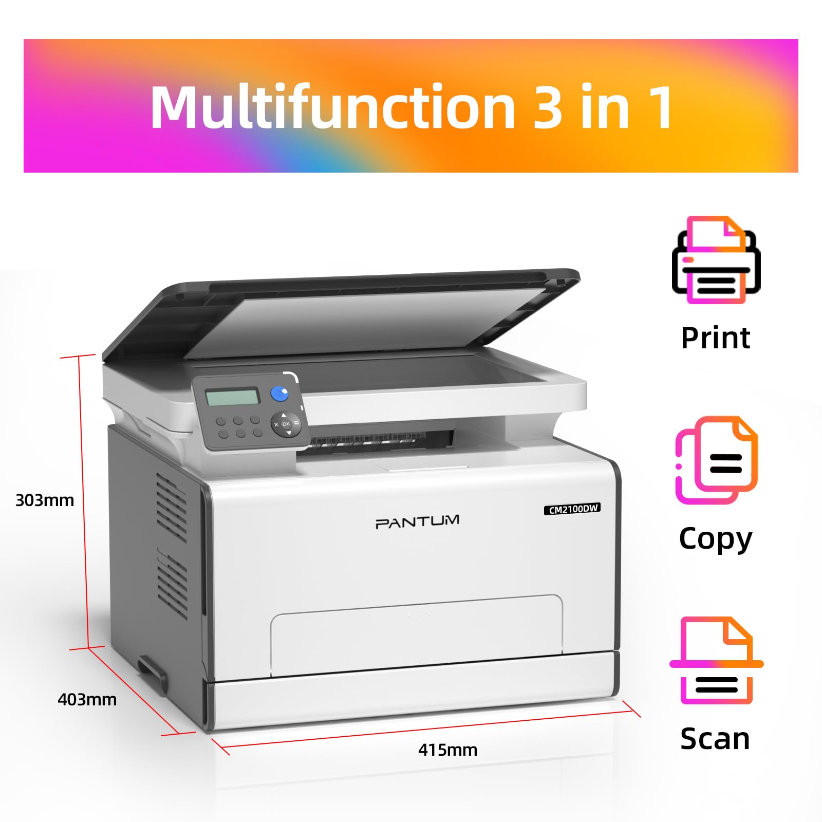 PANTUM CM2100DW Wireless Color Laser Printer with Auto Duplex Printing - All-in-One Print, Copy, Scan - 20 PPM, WiFi/USB/Ethernet Connectivity - Compact & Lightweight A4 Printer for Home Office & Small Business | Perfect for Document Printing, School Projects & Remote Work