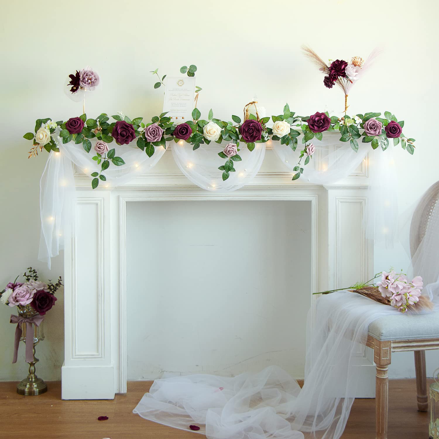 PONATIA 5FT Handcrafted Burgundy Artificial Rose Garland - Dusty Rose Silk Flowers for Wedding Arch Backdrop, Christmas Decor, Table Centerpiece - Perfect for Ceremony Decorations, Holiday Party, Home & Event Decor