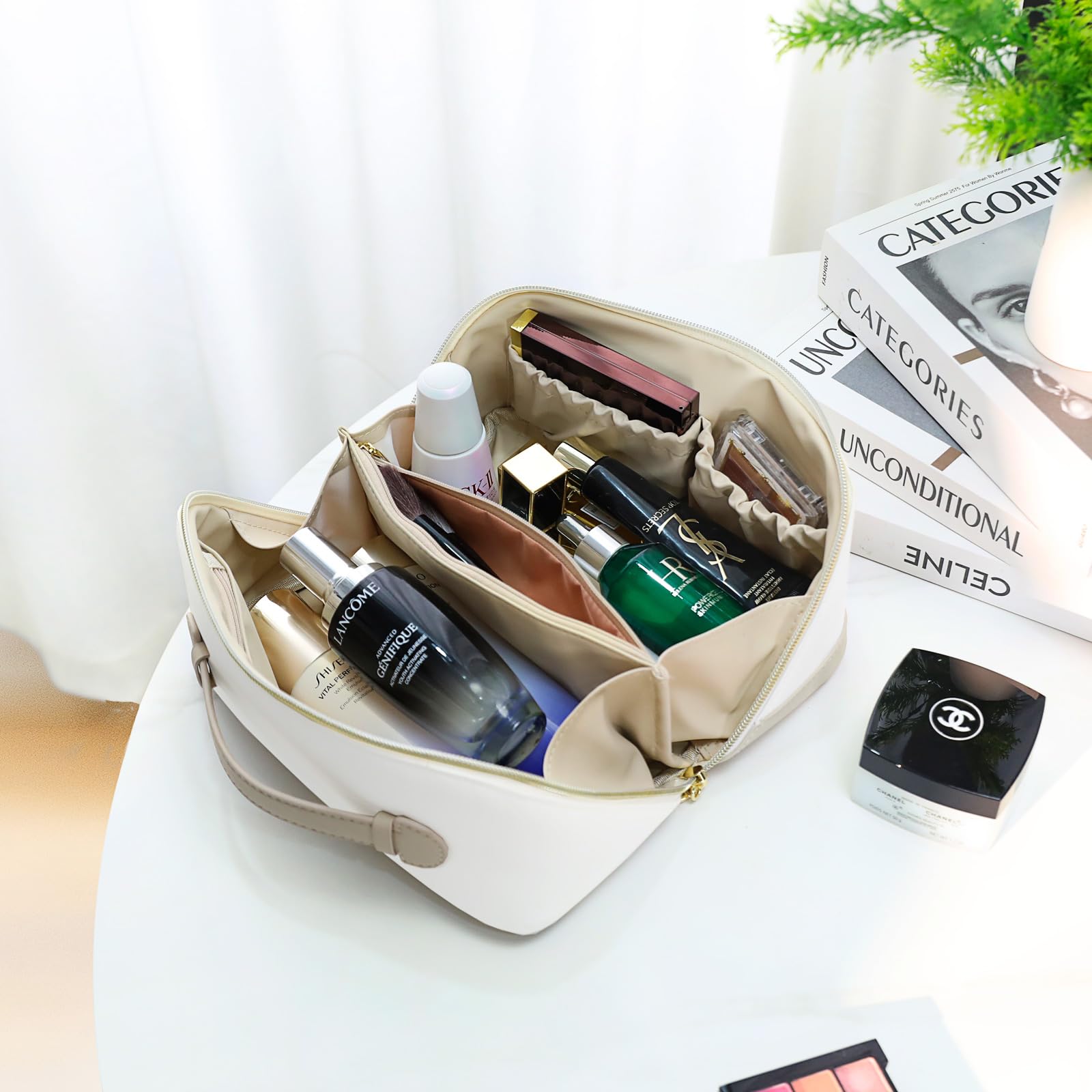 Waterproof Travel Makeup Bag for Women - Large Capacity Cosmetic Organizer with Divider & Handle | Portable Flat Open Toiletry Pouch (Khaki) | Perfect for Vacation, Gym, Business Trips & Daily Use