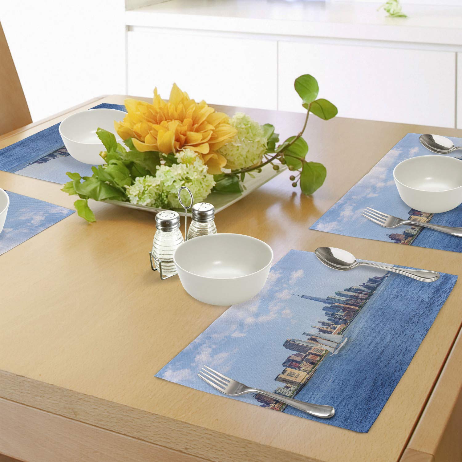 Ambesonne 4-Piece Sailboat Placemats Set - New York Skyline Photography with Sunshine & Skyscrapers - Washable Fabric Table Mats for Dining Room & Kitchen Decor in Blue Grey - Perfect for Beach House, Nautical Theme or Modern Home Decor