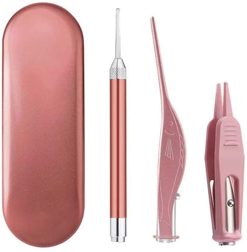 3Pcs LED Light Ear Wax Removal Kit with Case - Ear Pick, Tweezers & Nose Cleaning Tools for Adults & Babies | Safe Earwax Cleaner for Home & Travel Use