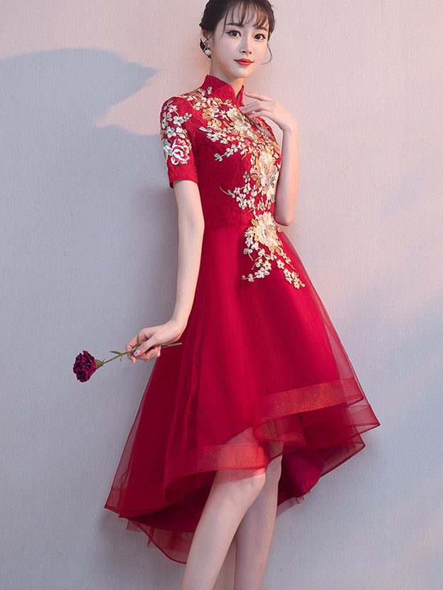 Elegant Red Applique High-Low Hem Qipao Cheongsam Dress for Women | Traditional Chinese Style Evening Gown | Perfect for Weddings, Parties, and Special Occasions