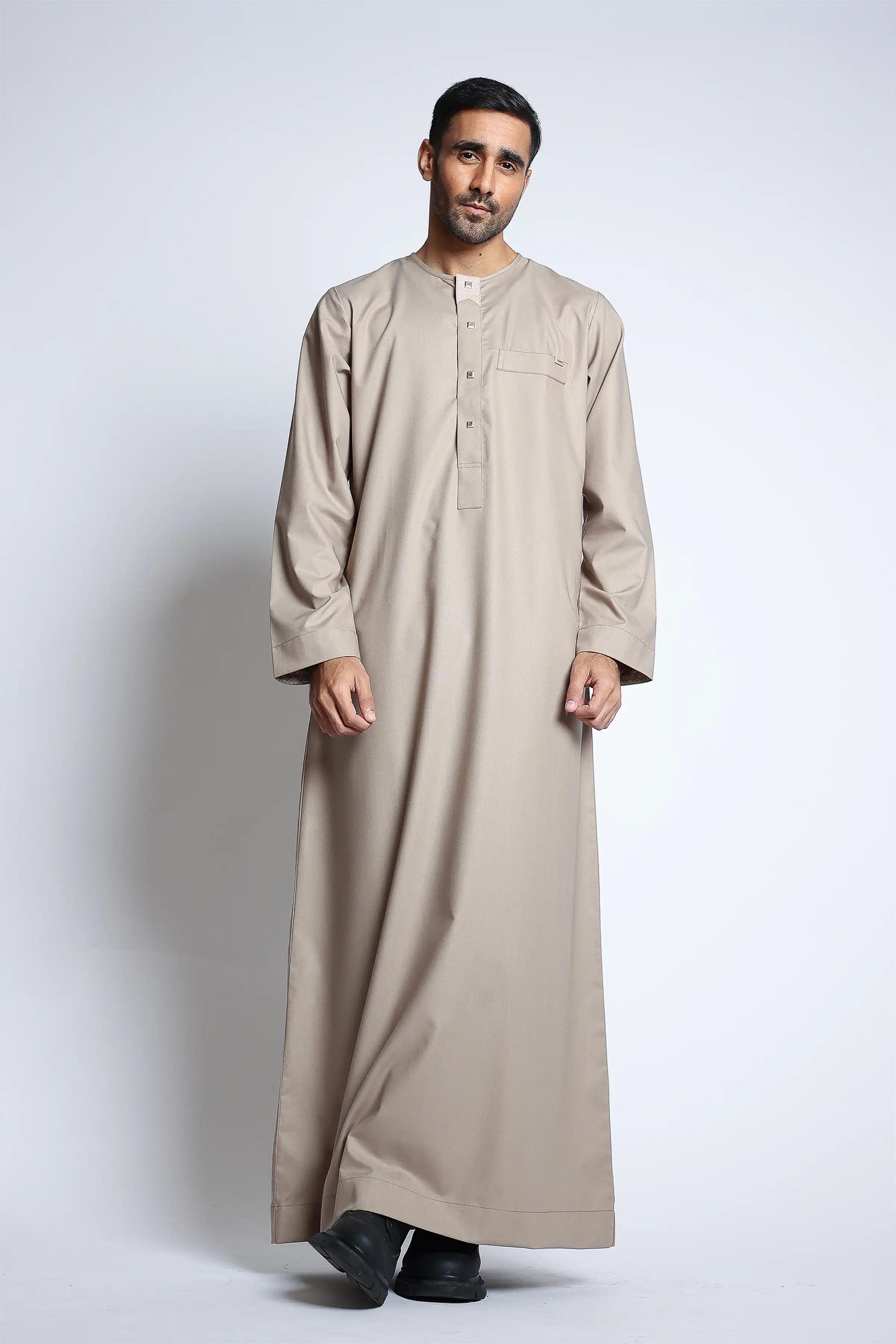Premium J145 C1 Pearl Oyster Omani Thobe - Traditional Embroidered Arabic Dress for Men - Perfect for Eid, Weddings & Special Occasions