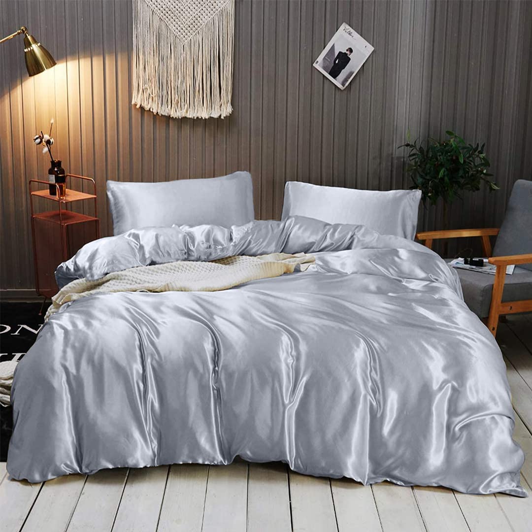 Queen Silk Satin Duvet Set 4pc - Silver Grey for Luxury Bedroom