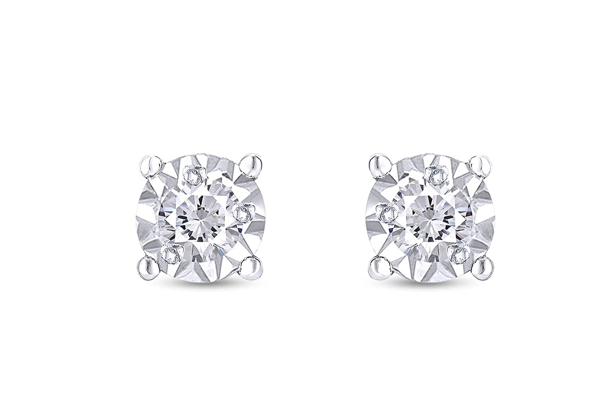 1/10 Carat Round Cut White Natural Diamond Stud Earrings - 14k Gold Plated 925 Sterling Silver Solitaire Jewelry for Women (I2-I3 Clarity, I-J Color, 0.10 CTTW) - Perfect for Everyday Wear, Gift Giving & Special Occasions