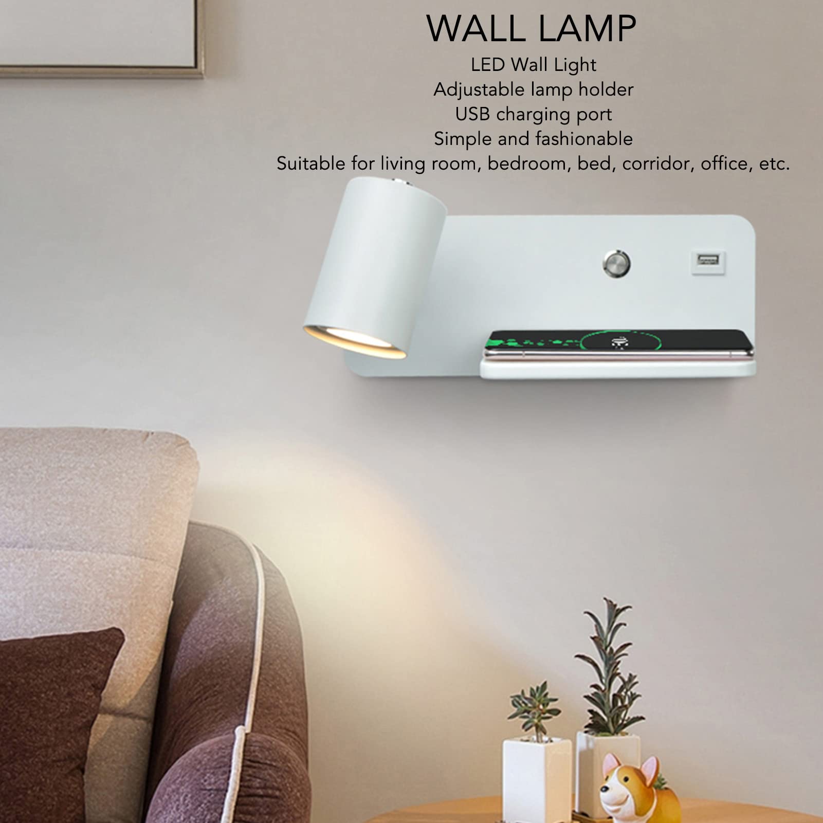 Fockety LED Wall Sconces with 5V USB Charging & Wireless Charger - Rotatable Warm White Wall Light for Bedroom, Living Room, Hotel - Perfect for Reading, Night Light, and Modern Home Decor (White, Left Side)