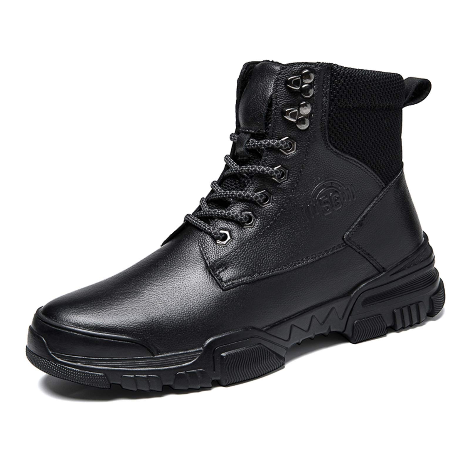 Men's Winter Work Boots - Genuine Leather Hiking Boots with Round Toe, Pull Tab & Elastic Gussets - High Top Lace Up Shoes with Thick Rubber Sole - Perfect for Outdoor Work, Hiking & Casual Wear