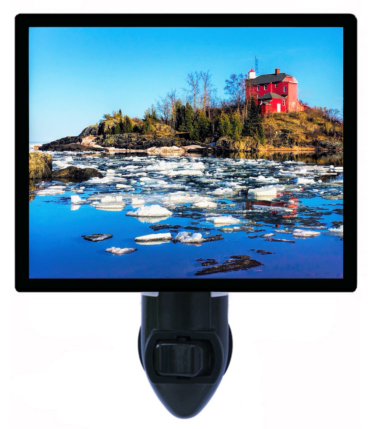 Marquette Lighthouse Night Light - Winter Lake Landscape Decor for Bedroom, Nursery, or Living Room