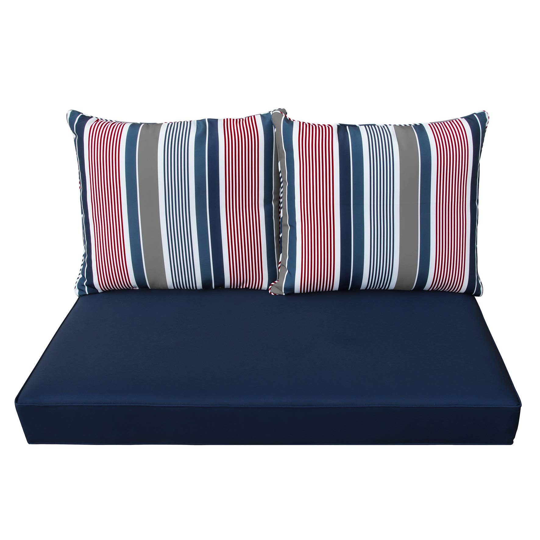 BOSSIMA Patio Furniture Cushions - Comfortable Deep Seat Glider Loveseat Cushion for Indoor & Outdoor Use - Navy Grey White Red Stripe - Perfect for Garden, Deck, Porch, and Poolside Relaxation