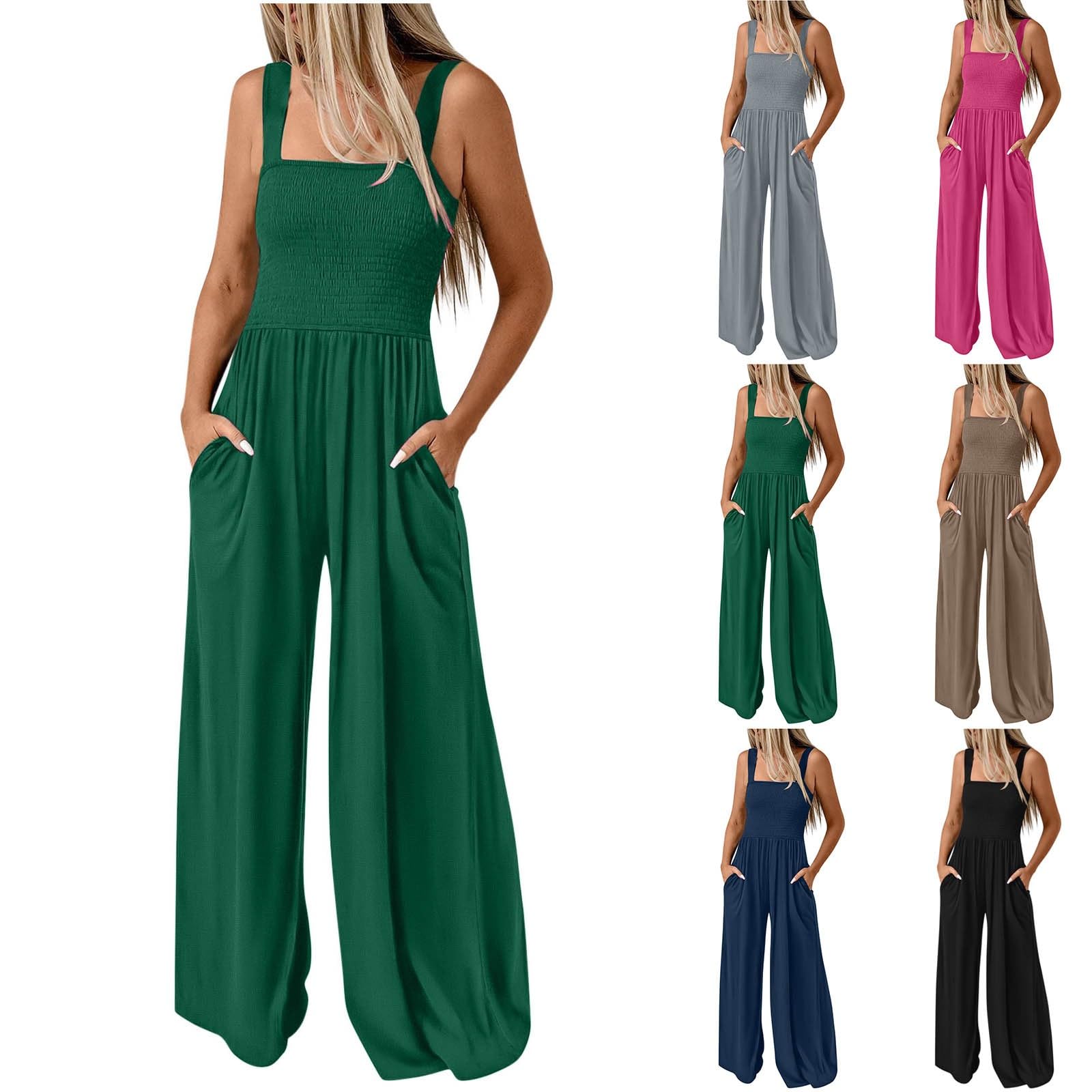 Women's Casual & Dressy Smocked High Waist Wide Leg Jumpsuit Romper with Pockets - Sleeveless Summer Overalls for Work, Travel & Outdoor Activities