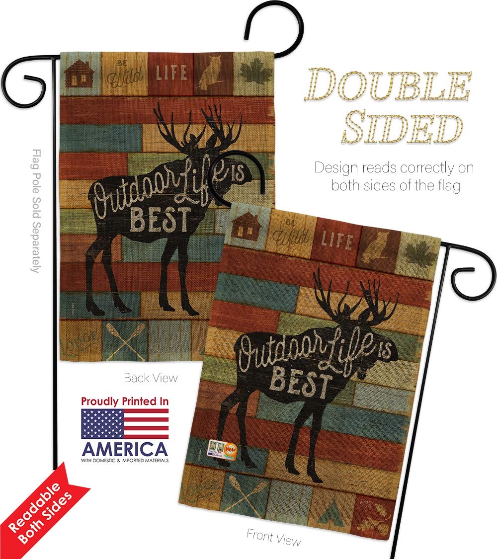 Double-Sided Burlap Garden Flag Set with Stand - Rustic Lodge Lake Cabin Moose Wildlife Design - 13x18.5 Inch Outdoor Decorative Banner for Yard, House, Cabin - Perfect for Forest Adventures, Camping Gifts & Cabin Decor - Made in USA