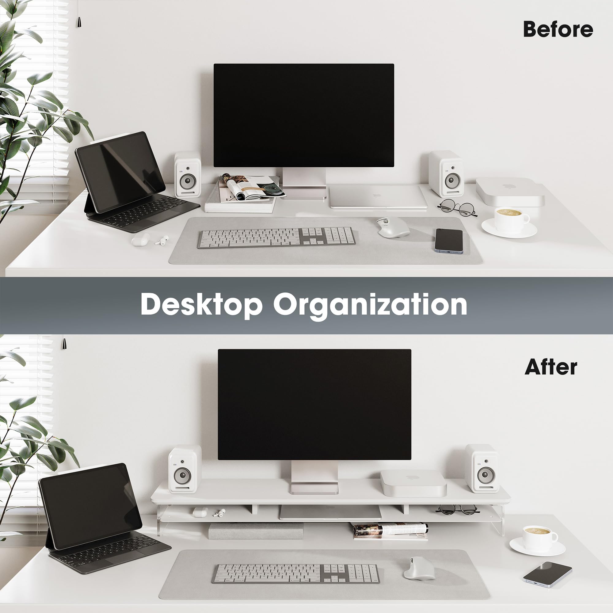 FENGE 42.5 Inch 2-Tier Acrylic Dual Monitor Stand Riser with Storage Organizer - White | Ergonomic Computer Desk Organizer for Home Office, Gaming Setup & Workspace | Fits Laptop, PC, TV & Multiple Screens
