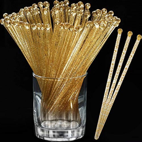 120-Piece 7.3-Inch Plastic Round Top Swizzle Sticks - Crystal & Gold Cocktail Stirrers for Drinks, Parties, and Home Bar Decor