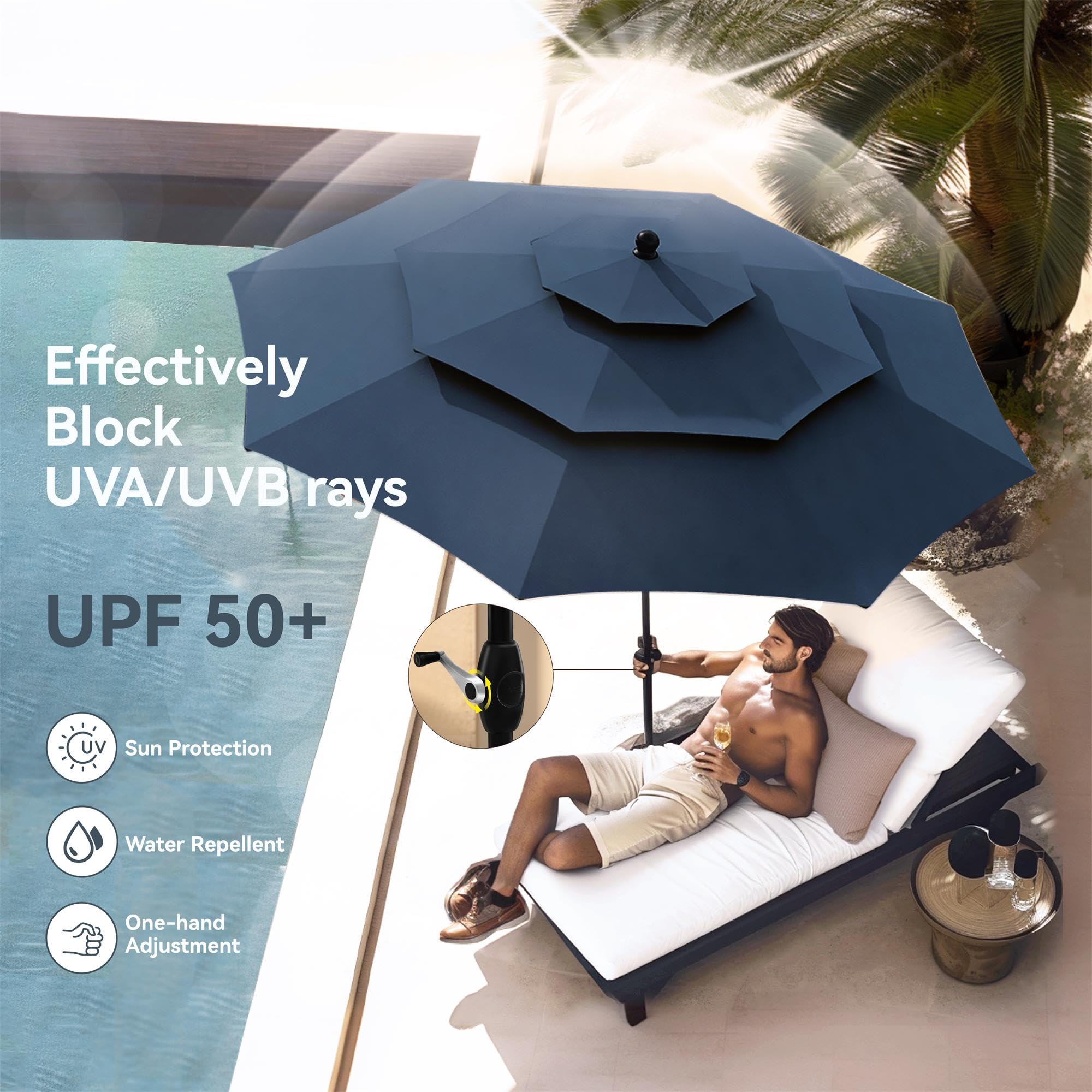 PHI VILLA 6-Piece Outdoor Dining Set with 4 Stackable Metal Chairs, 1 Square Table & 10ft 3-Tier Umbrella (Navy Blue) - Patio Furniture for Backyard, Deck, Garden, Poolside & Outdoor Entertaining