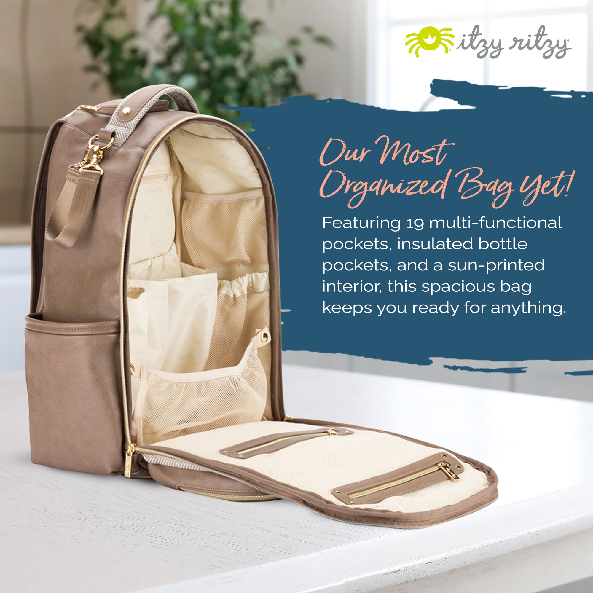 Itzy Ritzy Diaper Bag Backpack - Large Capacity Baby Backpack with 19 Pockets, Changing Pad & Stroller Clips | Comfortable Shoulder Straps | Vanilla Latte | Perfect for Moms, Travel & Daily Use with Baby Essentials
