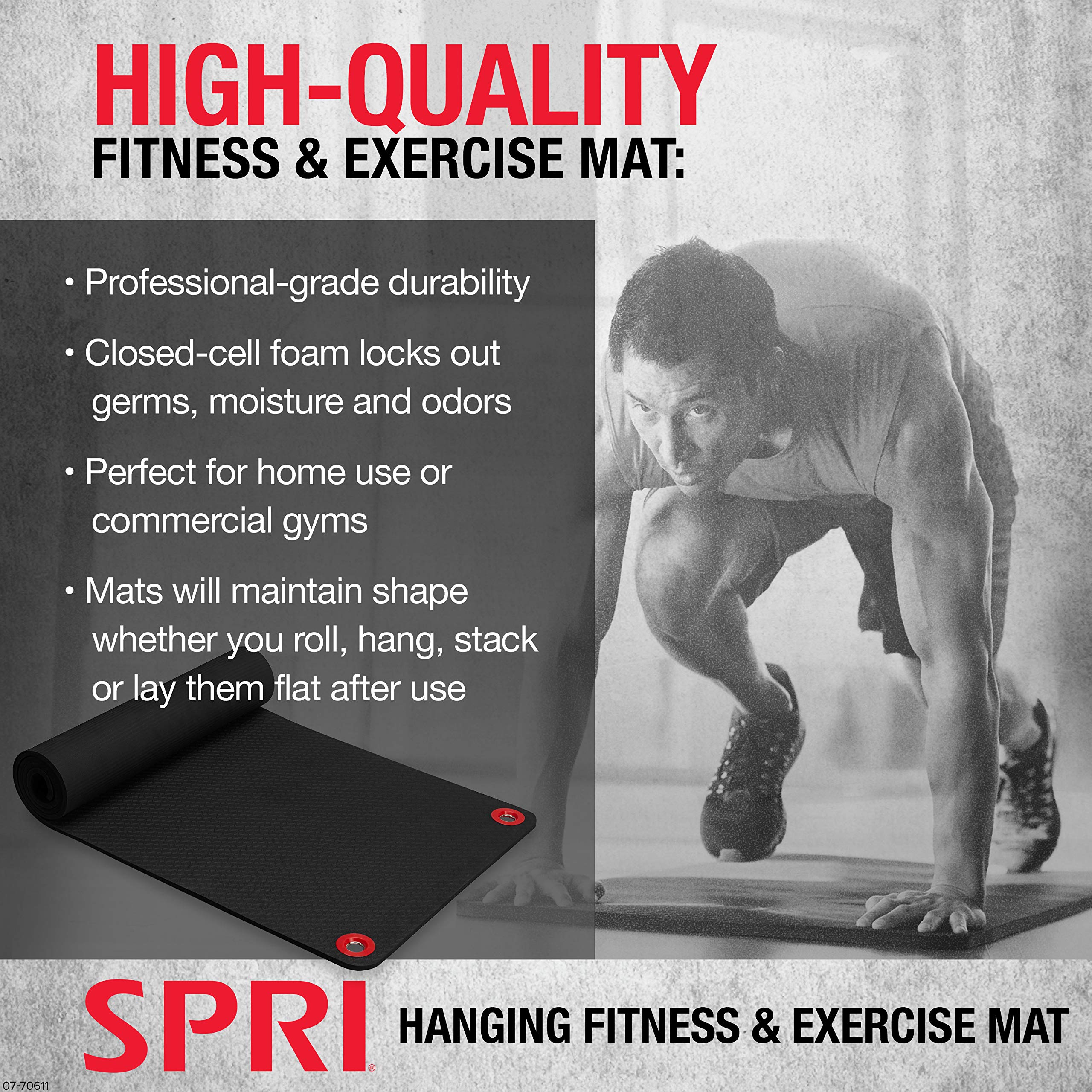 SPRI Hanging Exercise Mat - Premium Commercial Grade Fitness & Yoga Mat for Group Classes with Reinforced Holes - Perfect for Gyms, Studios & Home Workouts