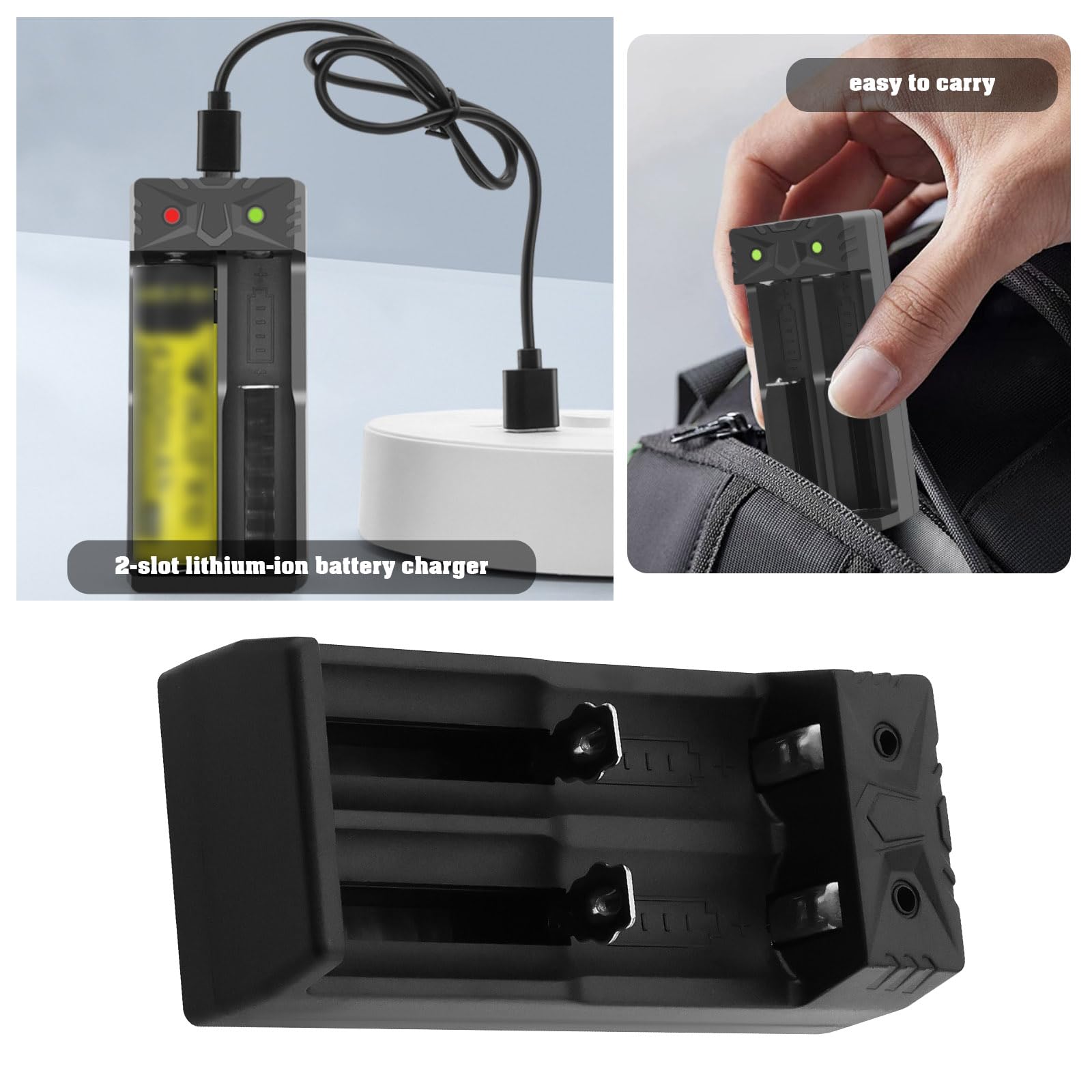 ECSiNG 2-Pack Universal Li-Ion Battery Charger for 18650/18500/18490/16340/14500/22650/26500/26650 - 3.6V/3.7V Dual Slot Fast Charger (92.8x41.1x30.3mm, Black) - Perfect for Flashlights, Vape Mods, Power Tools & Electronic Devices