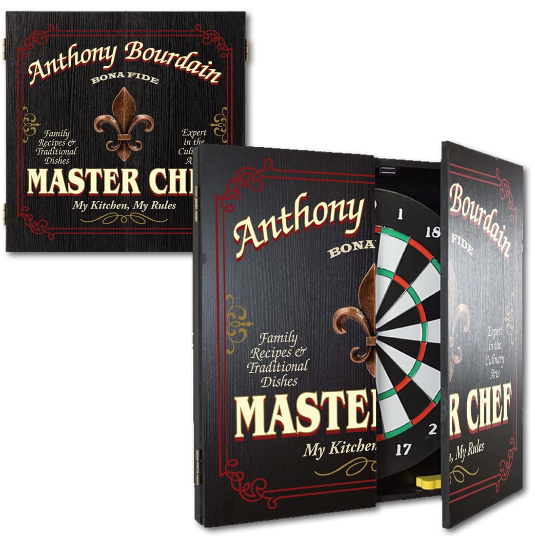 THOUSAND OAKS BARREL CO. Personalized Dartboard Cabinet Set with 6 Steel Tip Darts - Professional Bristle Dart Board for Adults - Includes Eraser & Chalk Scoreboard - Perfect for Game Rooms, Bars, and Home Entertainment