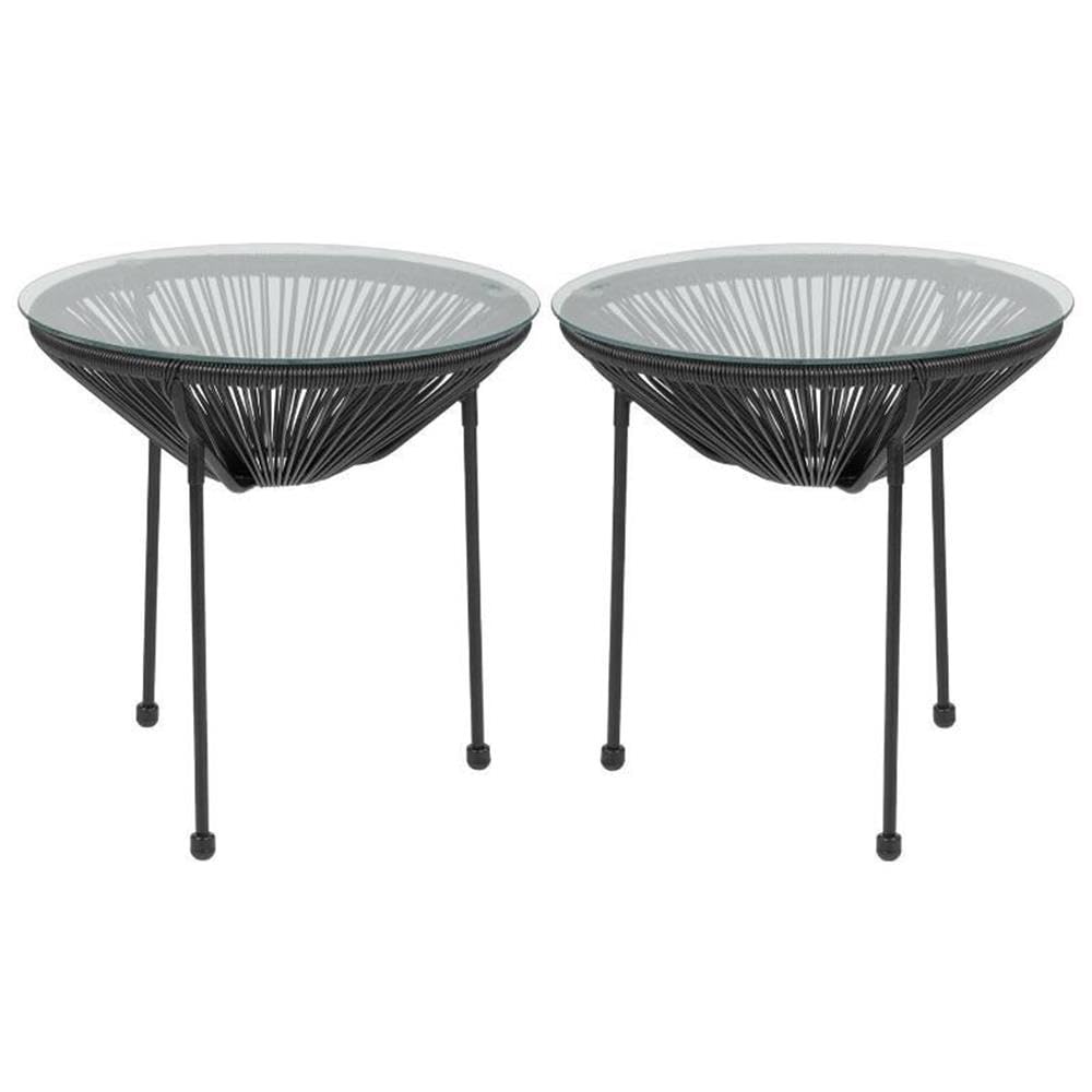 Black Home Square Valencia Glass Top Patio End Table Set of 2 - Modern Outdoor Side Tables for Poolside, Garden, Deck & Patio Furniture Decor