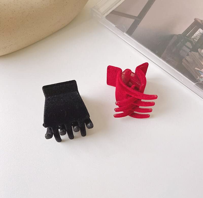 ASG 2-Pack Retro Velvet High Ponytail Hair Clips for Women & Girls - Mini Hair Claws with Geometric Design, Fashion Hair Accessories (Black & Red) - Perfect for Parties, Work & Everyday Styling