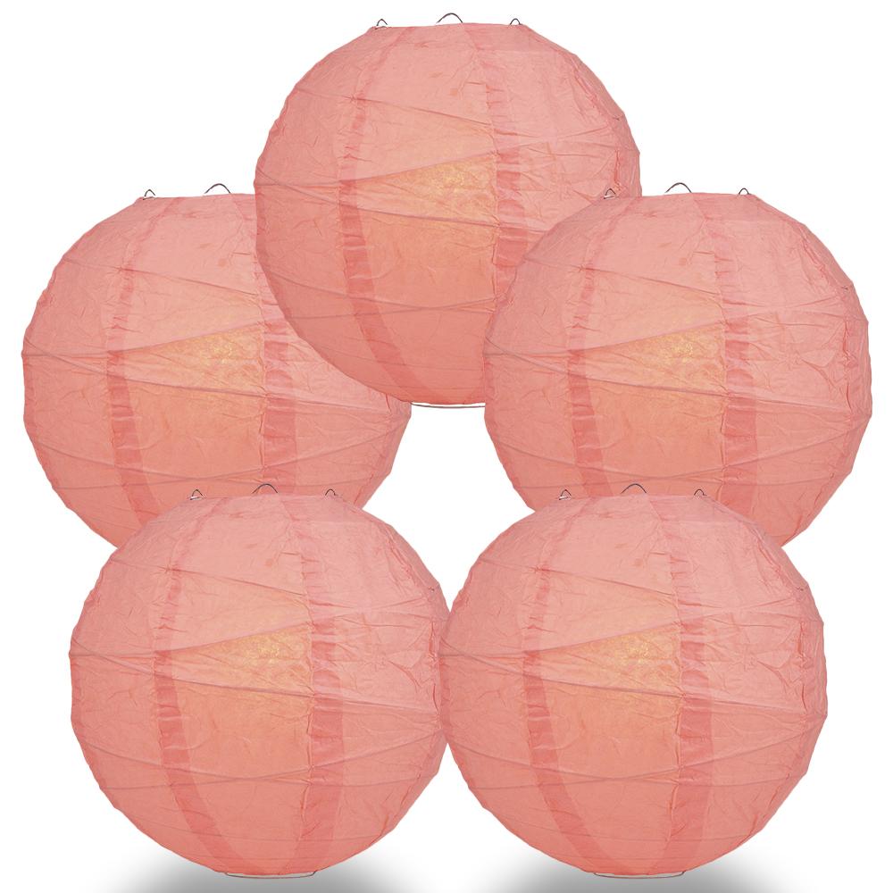 5 Pack 12 Inch Rose Pink Coral Free-Style Ribbed Hanging Paper Lanterns - Perfect for Weddings, Parties, and Home Decor