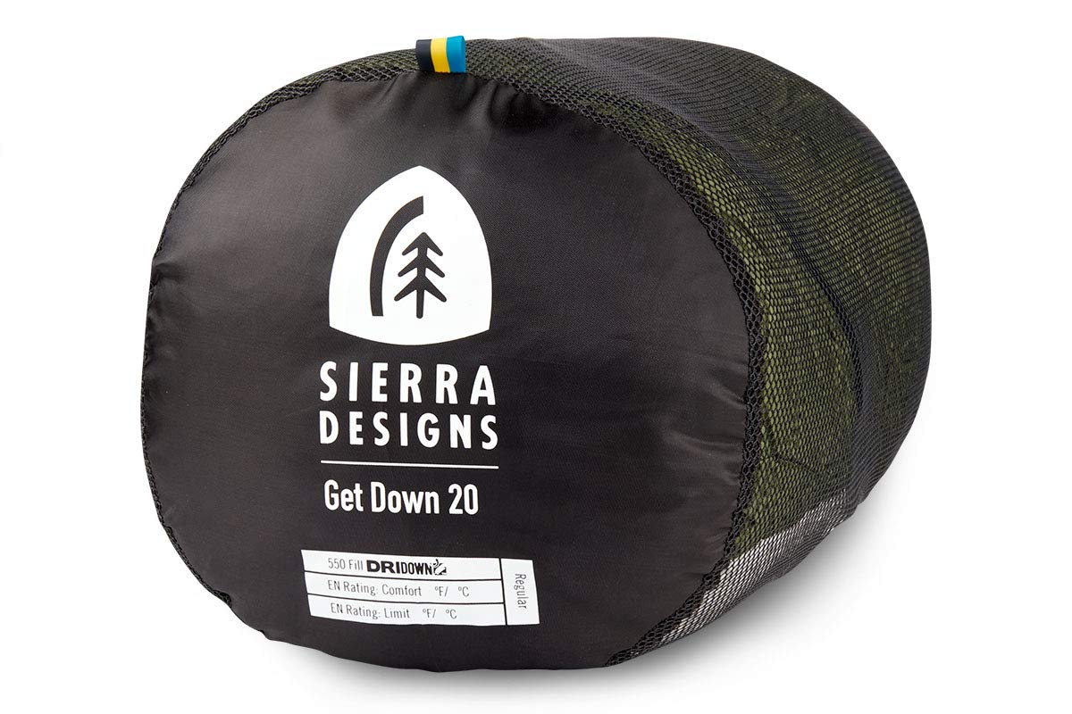 Sierra Designs Get Down 20 Degree Sleeping Bag - 550 Fill Power DriDown (PFC Free) Mummy Style for Camping & Backpacking - Lightweight & Compact for Men & Women - Includes Stuff Sack - Perfect for Cold Weather Adventures & Outdoor Exploration