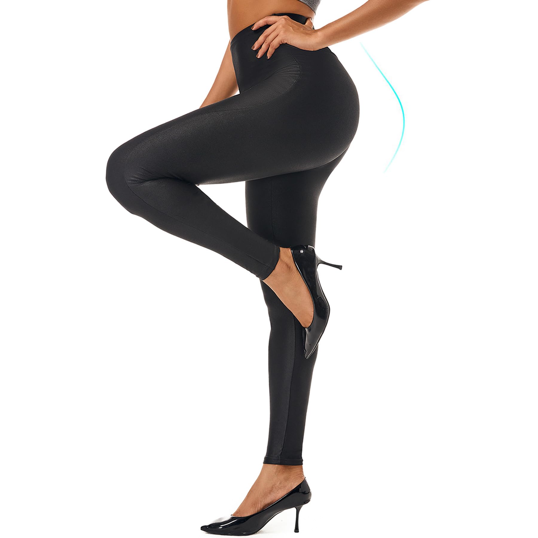 Women's Faux Leather Leggings - High Waisted Stretch Tummy Control Pleather Pants | Black Elastic Leather-Like Tights for Workout, Night Out & Everyday Wear