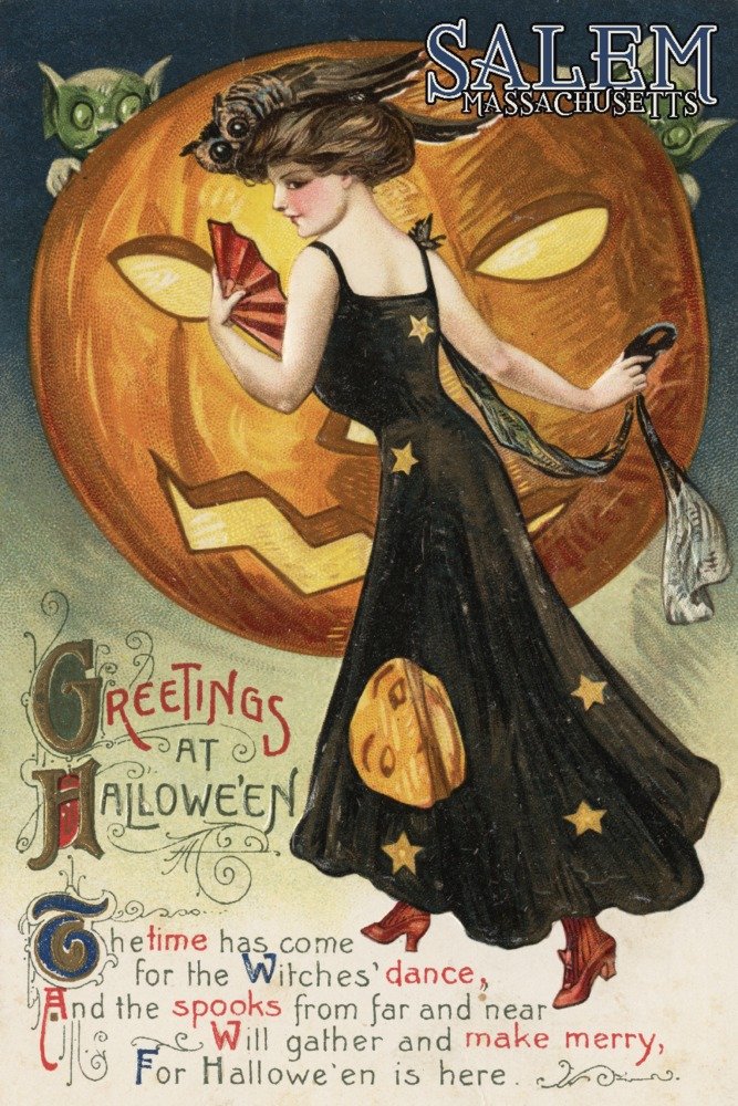 Vintage Halloween Metal Art - Salem Massachusetts Witch & Pumpkin Decor - 16x24 Gallery Quality Aluminum Wall Art for Home, Office, or Halloween Party Decoration