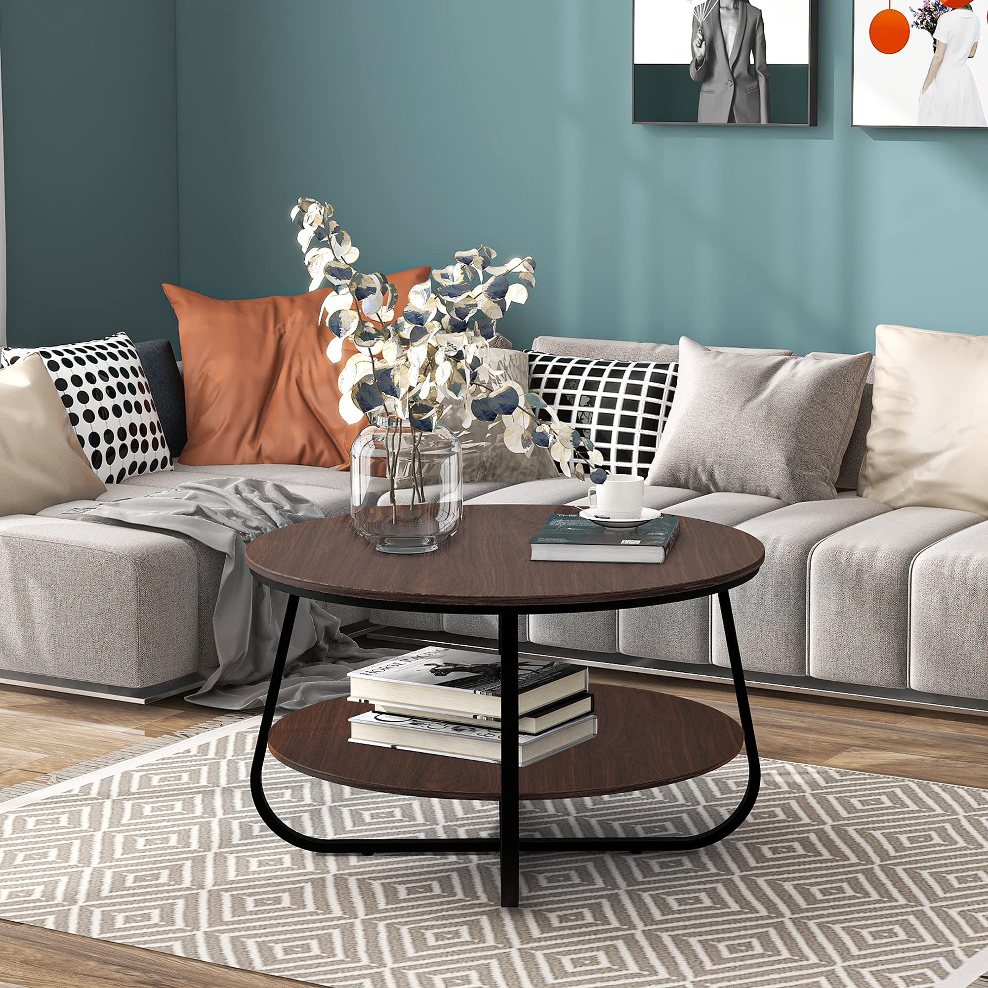 Modern Industrial Sideboard Cabinet with Drawers - Freestanding Storage Cupboard & Round Coffee Table with Crossed Metal Legs for Living Room, Bedroom, or Office (Brown Wood Finish) - Perfect for Home Decor, Small Space Organization & Entertainment Areas