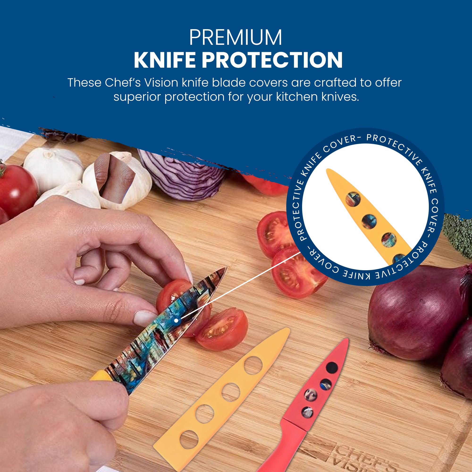 CHEF'S VISION Premium Knife Blade Covers - 6-Piece Set of Durable Knife Guards for Kitchen Knives - Protective Knife Sheaths for Safe Storage - Ideal for Chef Knives, Santoku, Paring & Bread Knives - Perfect for Home Kitchen, Restaurant & Culinary School Use