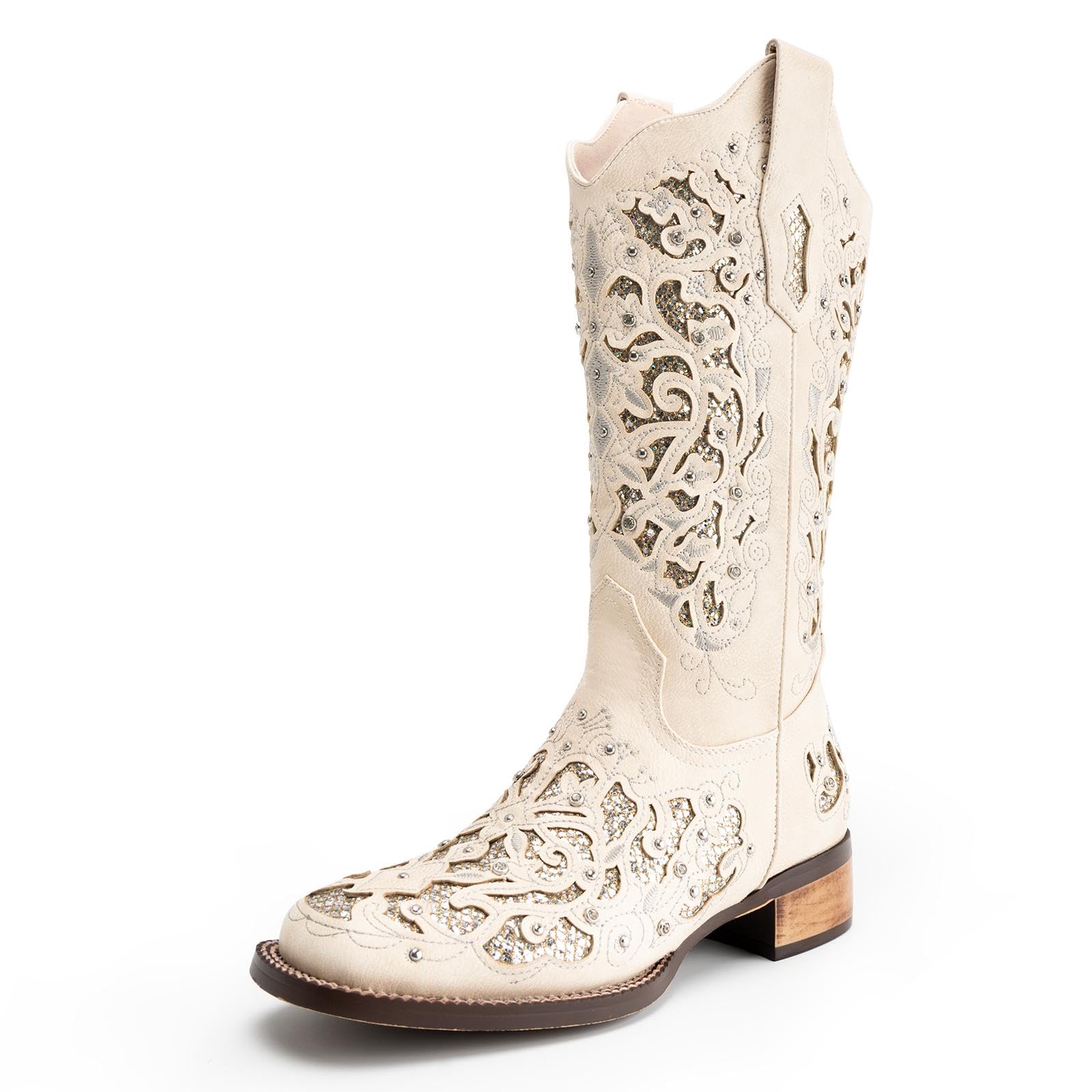 JORISTIMO Women's Rhinestone Western Cowgirl Boots - Embroidered Mid Calf Cowboy Boots with Chunky Block Heel, Pull On Wedding Glitter Boots for Country Dance, Rodeo & Festival Fashion