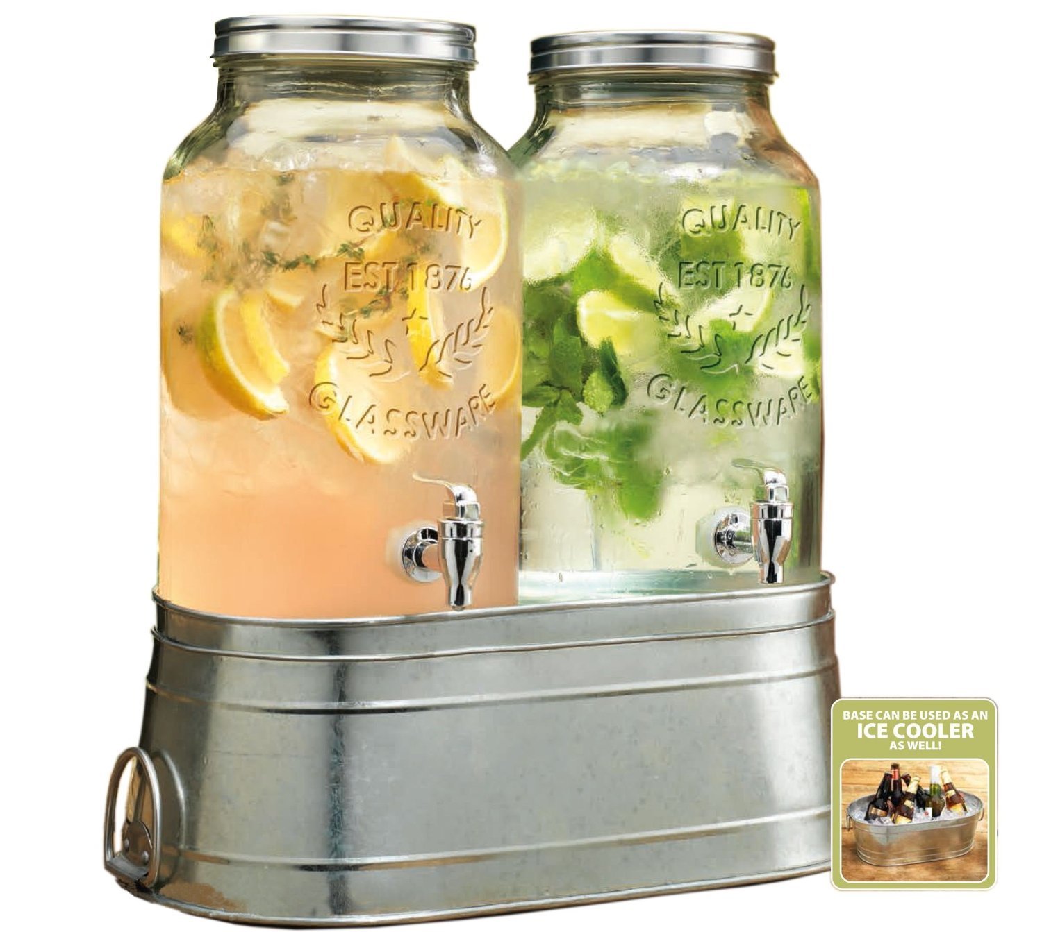 Premium 1.5 Gallon Glass Mason Jar Drink Dispenser with Metal Stand - 2 Pack for Iced Beverages | Perfect for Parties, Outdoor Events & Home Use