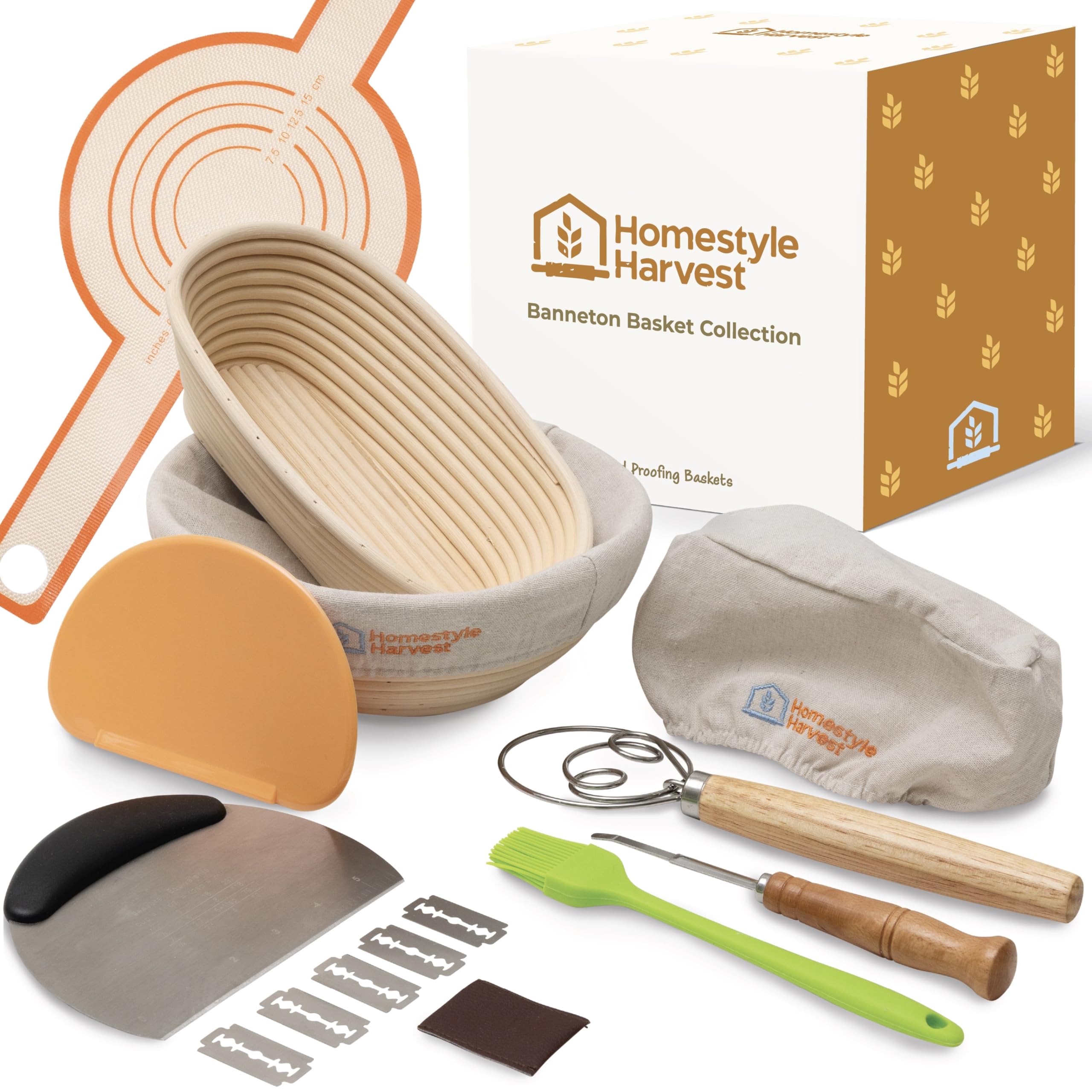 Premium Banneton Bread Proofing Basket Set - 10 Inch Oval & 9 Inch Round Sourdough Proofing Baskets with Lame, Dough Scraper, Stainless Steel Scraper, Dusting Brush & Linen Liners - Perfect for Artisan Bread Baking, Sourdough Making & Home Baking Enthusiasts