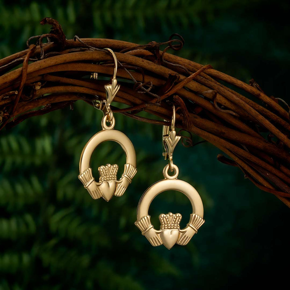 14K Gold Claddagh Drop Earrings for Women - Irish Celtic Love Friendship Loyalty Jewelry - Elegant Dangle Earrings for Wedding, Anniversary & Special Occasions