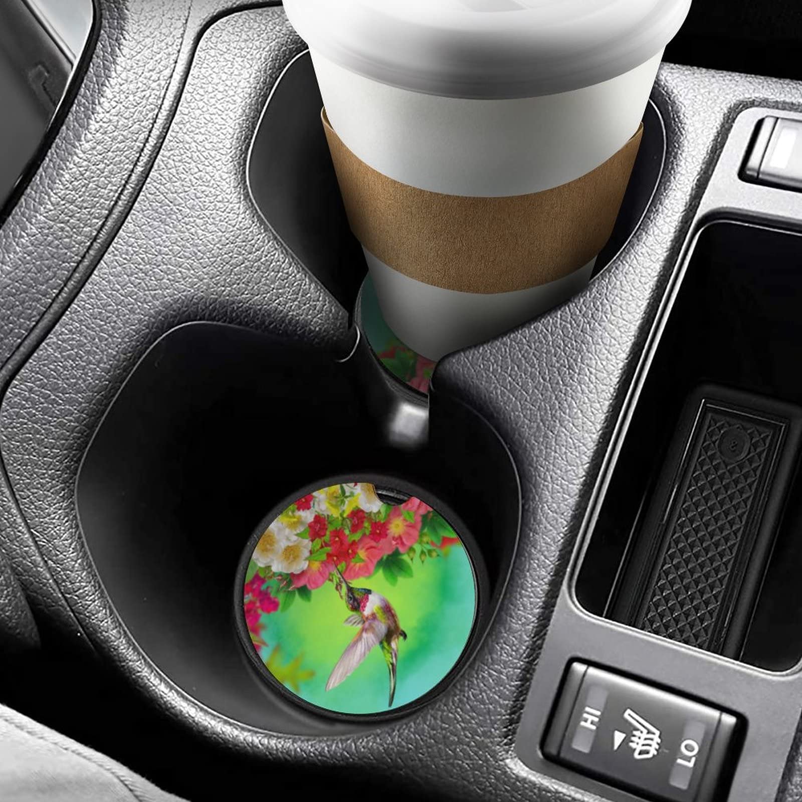 1PC Car Coaster Insert - Hummingbird Red Flower Design Cup Holder Mat for Car Accessories & Interior Decor - Perfect for Women, Men, and Teens - Ideal for Road Trips, Commuting, and Daily Driving