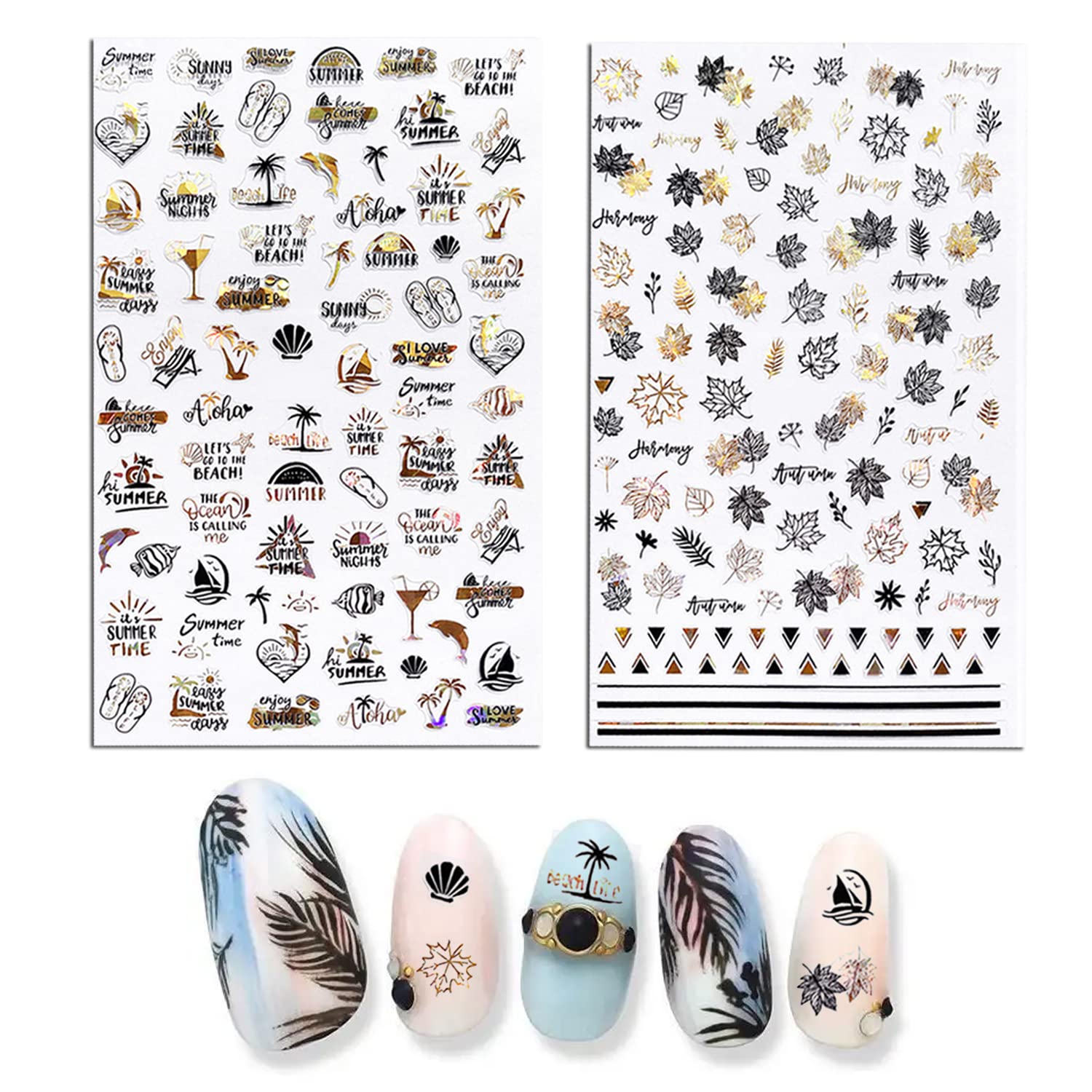 2 Pack Coconut Palm Leaf Nail Art Stickers - Black Gold Floral Summer Beach Nail Decals for Manicure | DIY Nail Design for Vacation, Pool Party & Tropical Theme