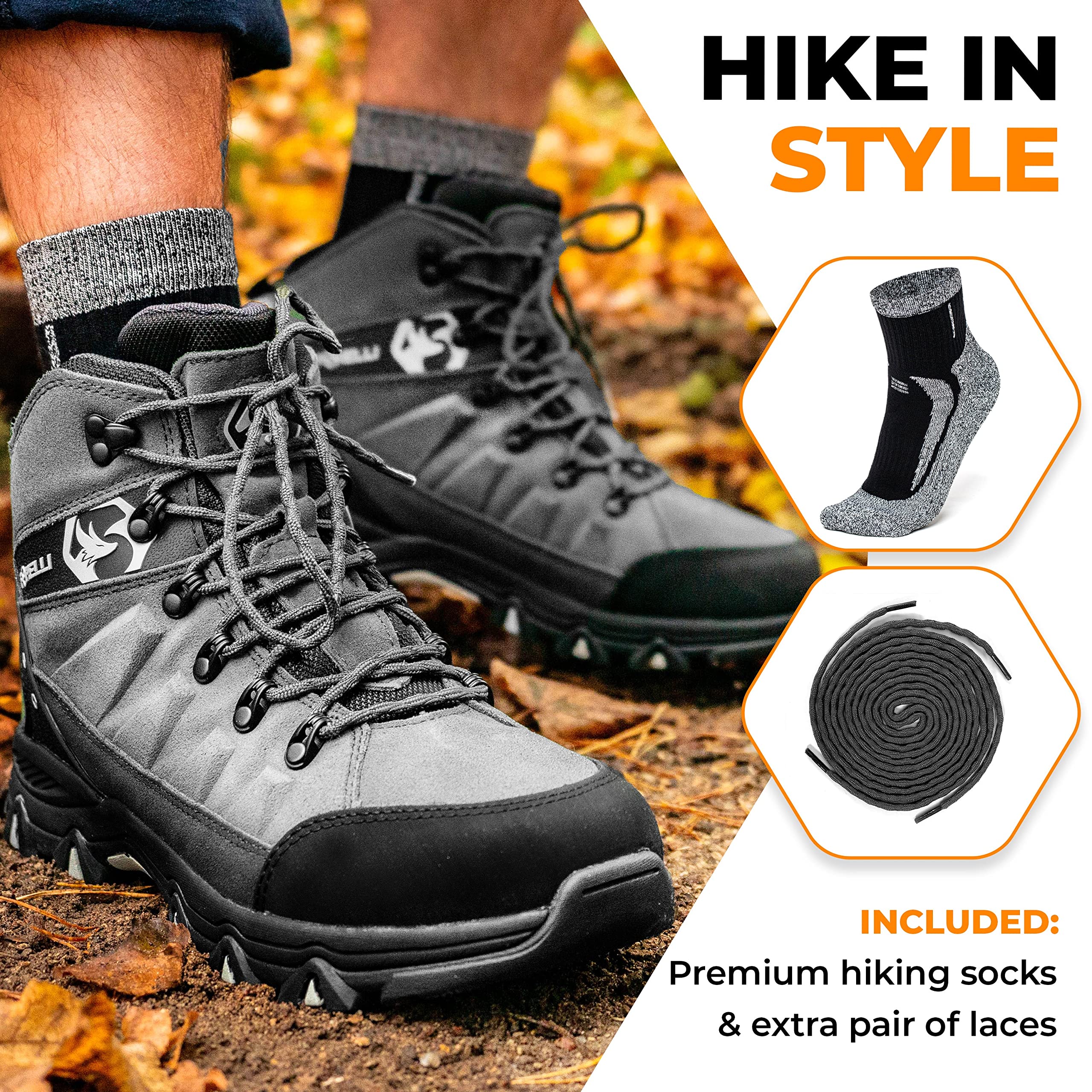 Foxelli Men's Waterproof Hiking Boots - Lightweight Breathable Suede Leather Outdoor Shoes for Trekking & Camping | Perfect for Mountain Trails, Backpacking & Everyday Wear