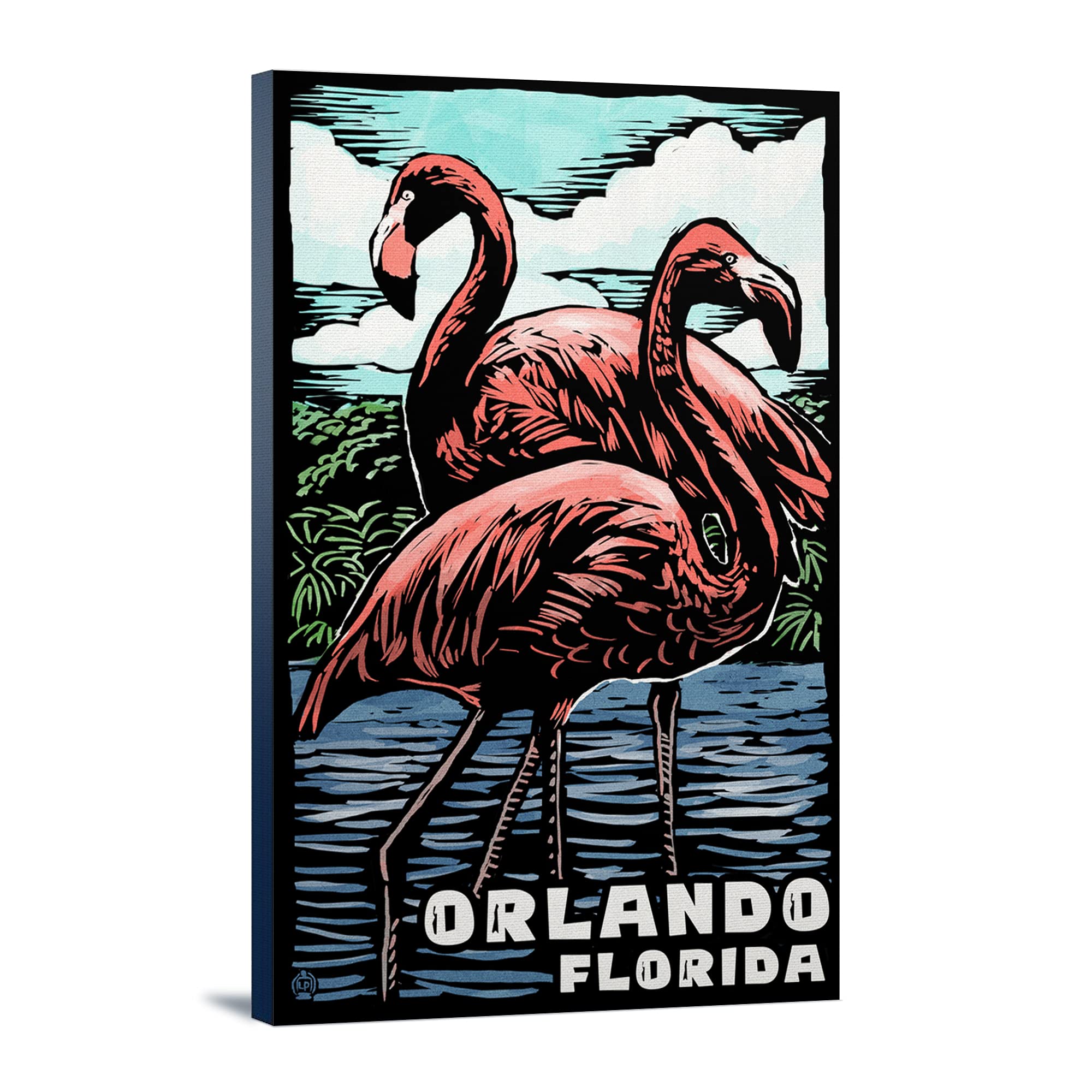 Lantern Press Orlando Florida Flamingo Scratchboard Art - 16x24 Wrapped Canvas Wall Decor for Living Room, Bedroom & Office