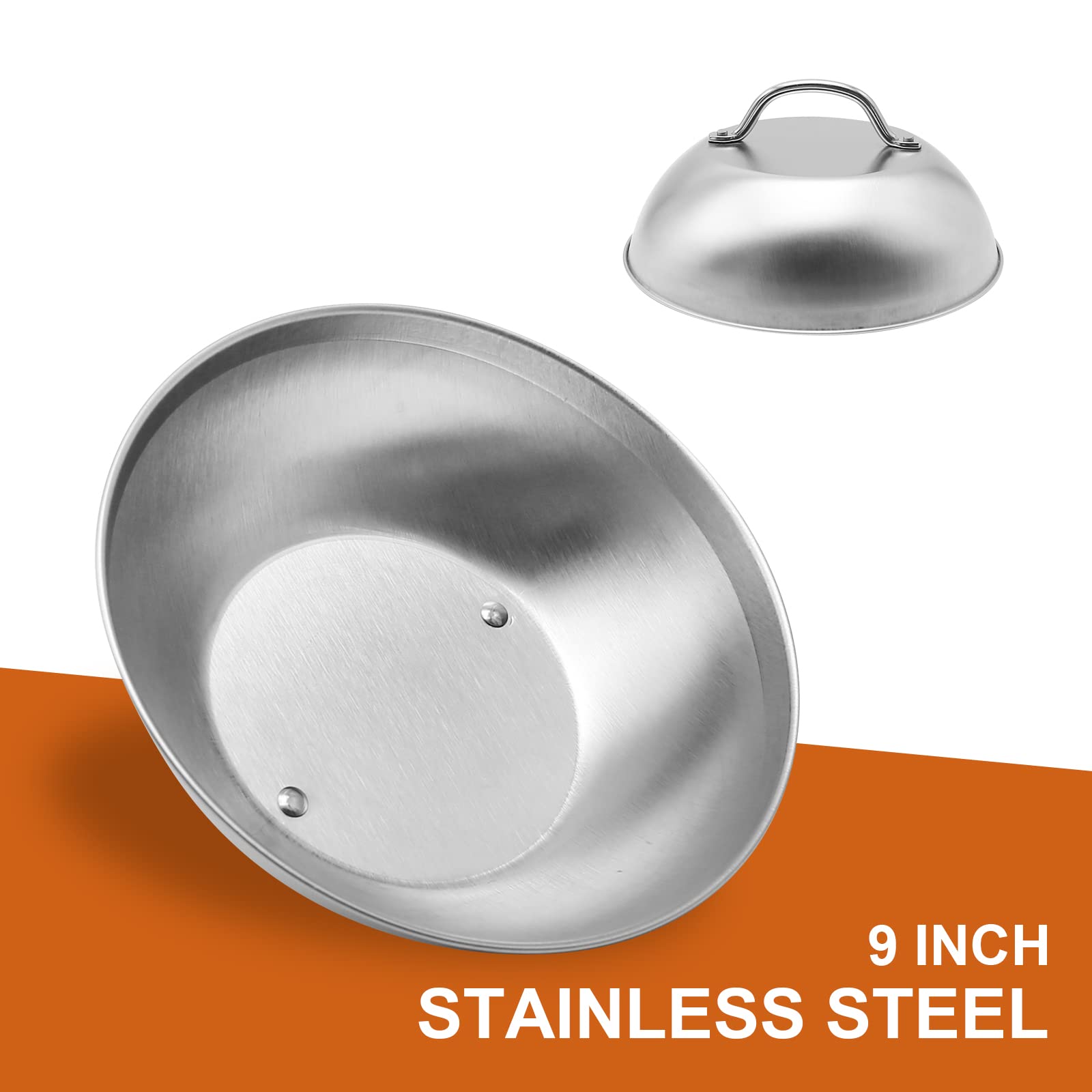 9 Inch Stainless Steel Melting Dome with Handle - BBQ Grilling Lid, Griddle Steam Cover for Perfectly Melted Cheese & Steamed Foods (2 Pack) - Ideal for Backyard BBQs, Camping & Outdoor Cooking
