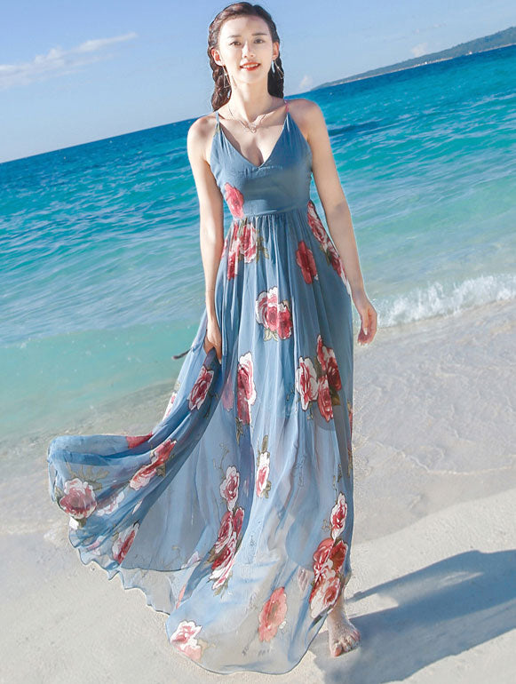 Floral Print Blue Maxi Beach Dress with Tie Back - Women's Summer Boho Dress for Vacation, Poolside, and Beach Getaways
