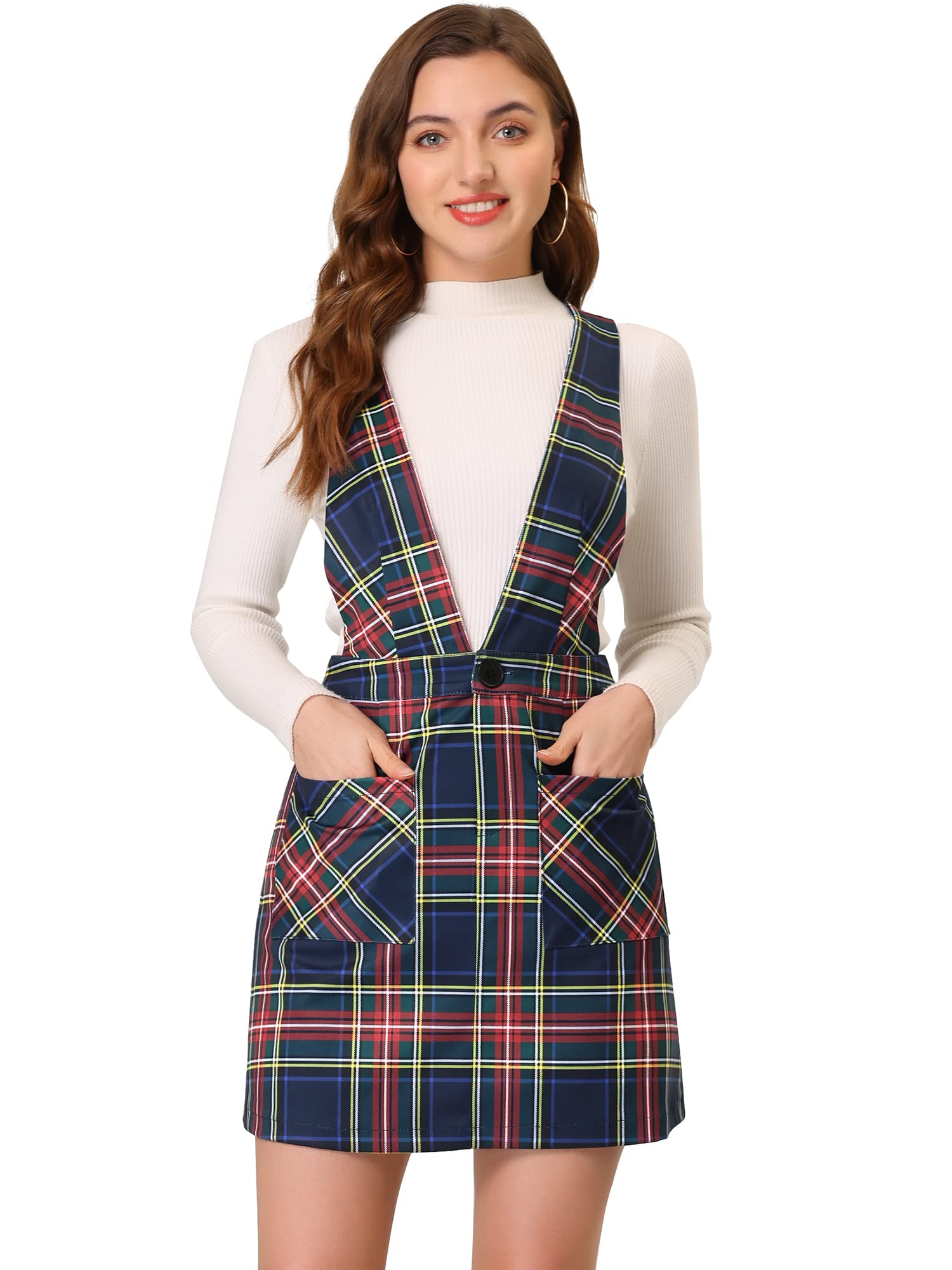 Allegra K Women's Christmas Plaid Overall Dress - V Neck Mini Pinafore Suspender Skirt for Holiday Parties & Festive Outfits