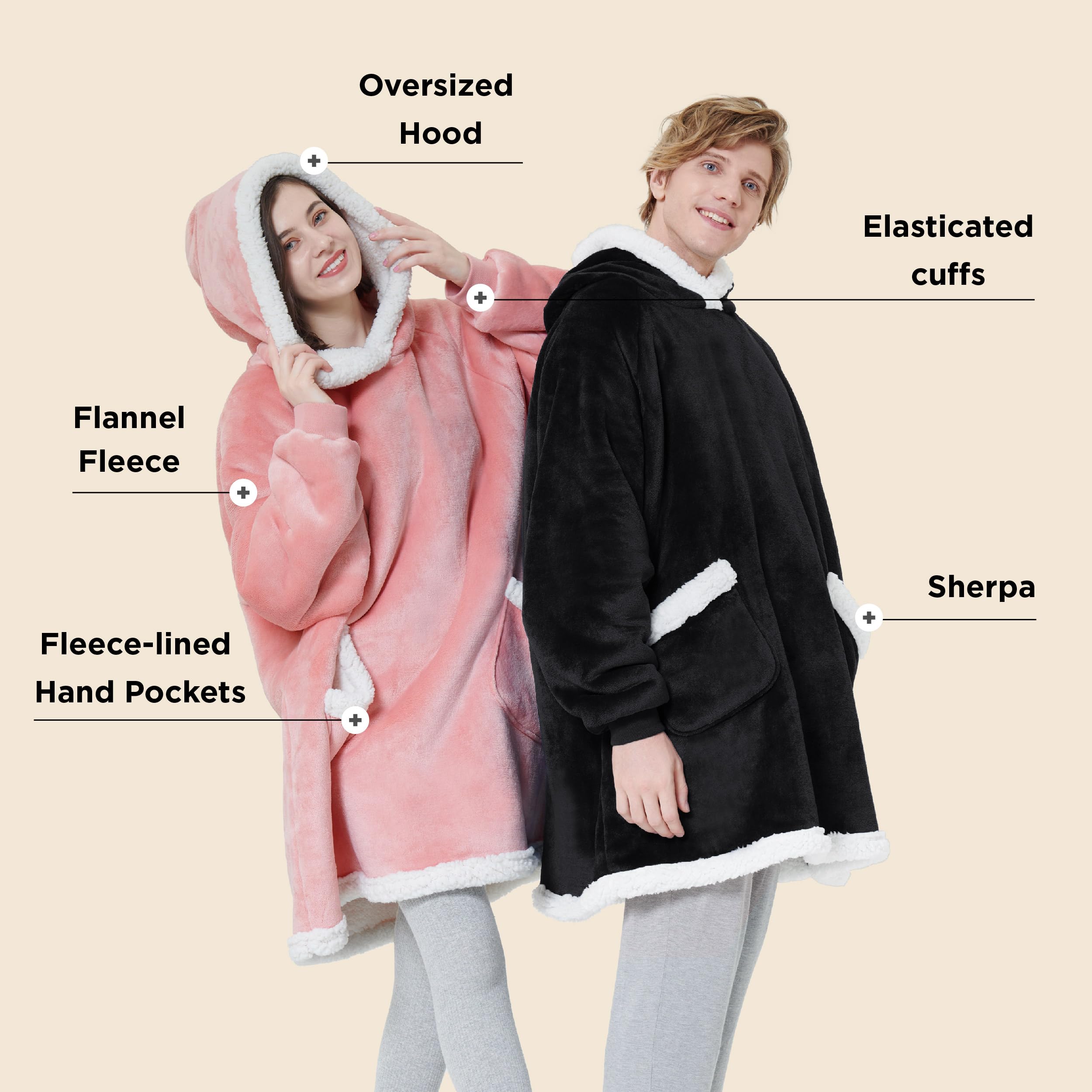 Bedsure Wearable Blanket Hoodie for Adults & Kids - Soft Fleece Sherpa Hooded Blanket, Perfect Birthday Gift for Women, Men, Mom - Ideal for Cozy Nights, Movie Time & Relaxing at Home - Black, Small