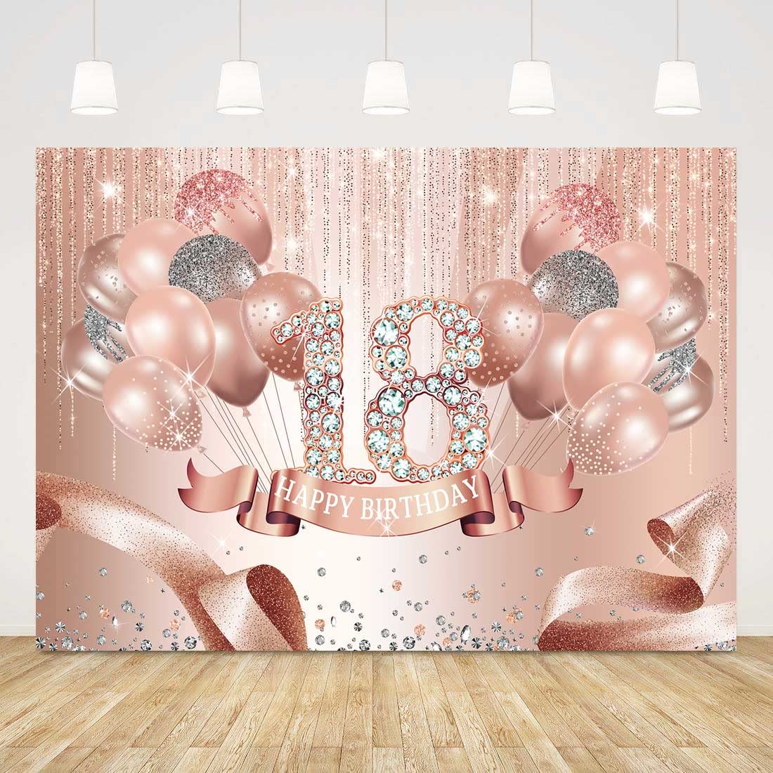 Rose Gold Happy 18th Birthday Backdrop Decorations - Pink Shining Balloons & Diamond Theme 7x5ft Photography Background for Sweet 18 Party, Photoshoot, Girls Birthday Celebration - Perfect for Bday Decor, Photo Booth & Milestone Party Scenes