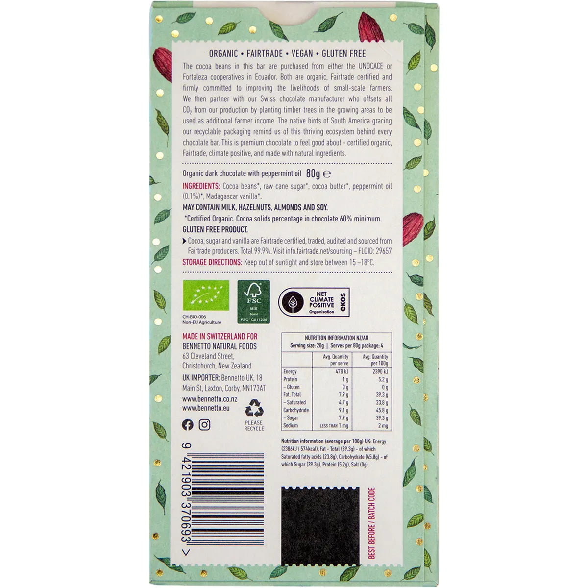 Bennetto Organic Dark Chocolate Bar 80g with Mint & Cocoa Nibs - Vegan, Fair Trade, Gluten-Free Snack for Gifts, Desserts & Healthy Treats